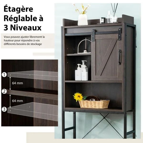 Meuble WC au-Dessus des Toilettes Rangement de Salle de Bain à 4 Niveaux avec Étagère Réglable et 1 Porte Marron