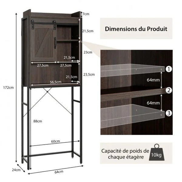 Meuble WC au-Dessus des Toilettes Rangement de Salle de Bain à 4 Niveaux avec Étagère Réglable et 1 Porte Marron