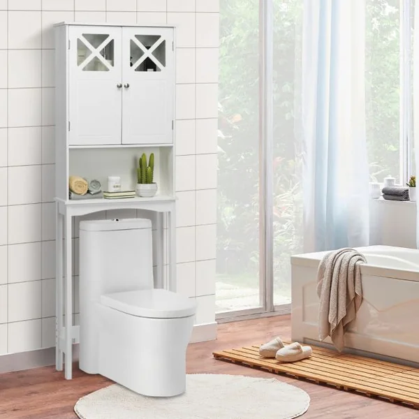 Meuble WC au-Dessus des Toilettes Étagère de Rangement de Salle de Bain Hauteur Réglable 2 Portes avec Verre Trempé Blanc