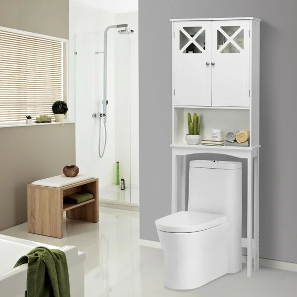 Meuble WC au-Dessus des Toilettes Étagère de Rangement de Salle de Bain Hauteur Réglable 2 Portes avec Verre Trempé Blanc