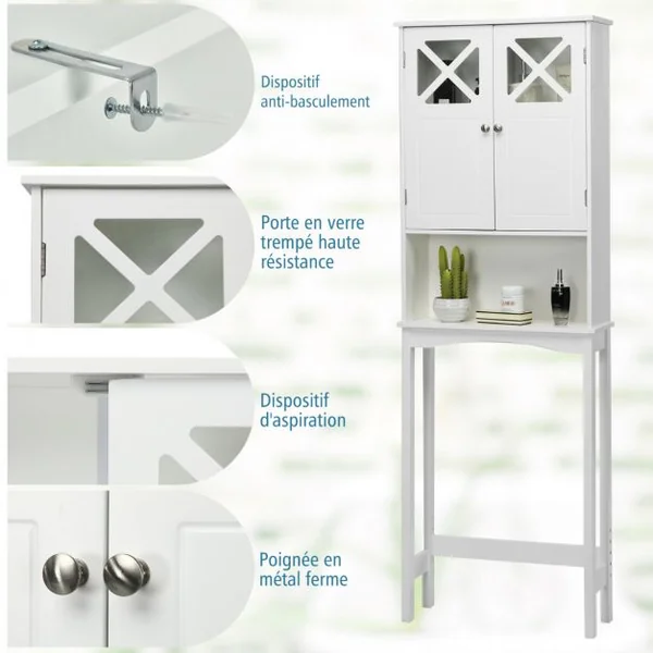 Meuble WC au-Dessus des Toilettes Étagère de Rangement de Salle de Bain Hauteur Réglable 2 Portes avec Verre Trempé Blanc