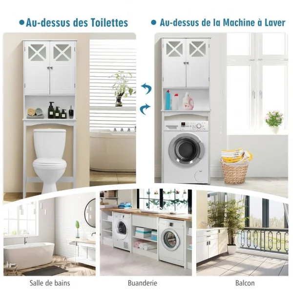Meuble WC au-Dessus des Toilettes Étagère de Rangement de Salle de Bain Hauteur Réglable 2 Portes avec Verre Trempé Blanc