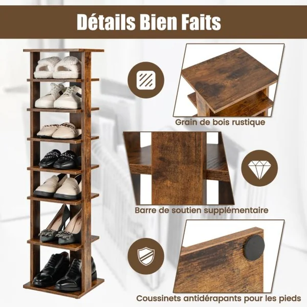 Meuble à Chaussures 7 Niveaux en Forme de Tour Peu Encombrante Rangement d'Angle 27x26x110cm Café/Noir/Blanc/Gris