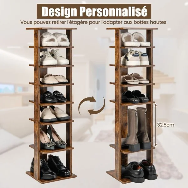 Meuble à Chaussures 7 Niveaux en Forme de Tour Peu Encombrante Rangement d'Angle 27x26x110cm Café/Noir/Blanc/Gris
