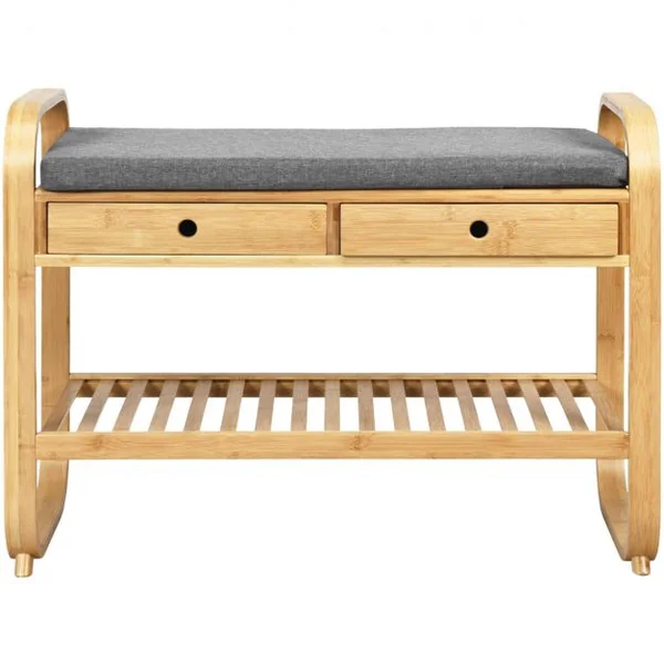 Meuble à Chaussures Banc Assise rembourrée avec 1 Étage de Rangement et 2 Tiroirs en Bambou