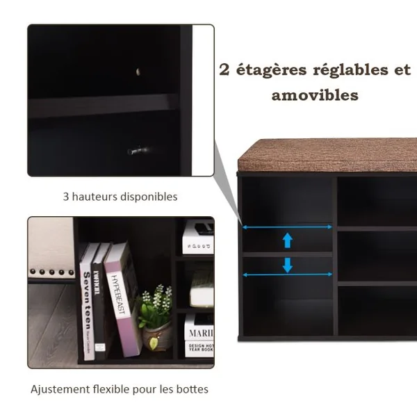 Meuble à Chaussures Banc à Chaussures avec Coussin Capacité 150 Kg Grand Rangement en Bois 104X30X48 Cm 5 Couleurs au Choix