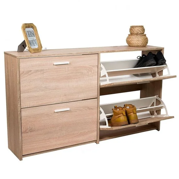 Meuble à Chaussures Entrée Meuble à Chaussures en Bois avec 4 Portes Rabattables et 4 Compartiments à 2 Niveaux Design Étroit Chêne
