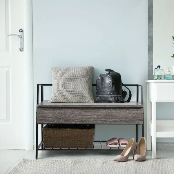Meuble à Chaussures Industriel avec Étagère Banc à Chaussures avec Couvercle Rabattable en Bois+fer 90x40x62cm Gris