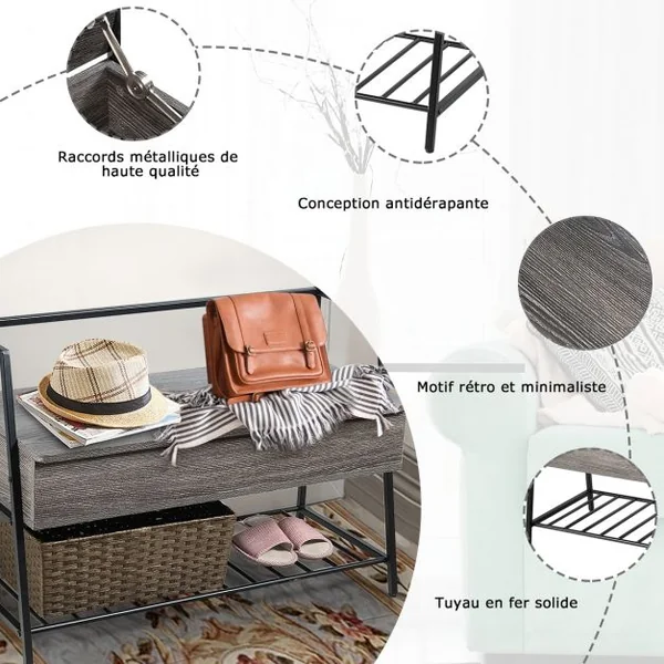 Meuble à Chaussures Industriel avec Étagère Banc à Chaussures avec Couvercle Rabattable en Bois+fer 90x40x62cm Gris