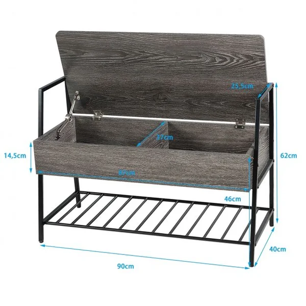 Meuble à Chaussures Industriel avec Étagère Banc à Chaussures avec Couvercle Rabattable en Bois+fer 90x40x62cm Gris