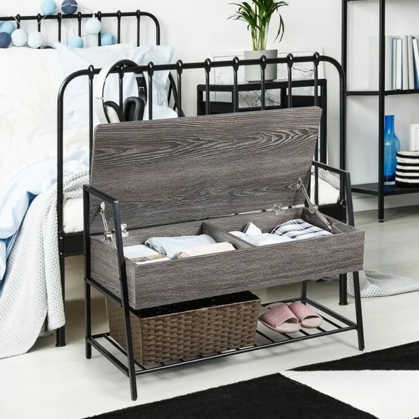 Meuble à Chaussures Industriel avec Étagère Banc à Chaussures avec Couvercle Rabattable en Bois+fer 90x40x62cm Gris