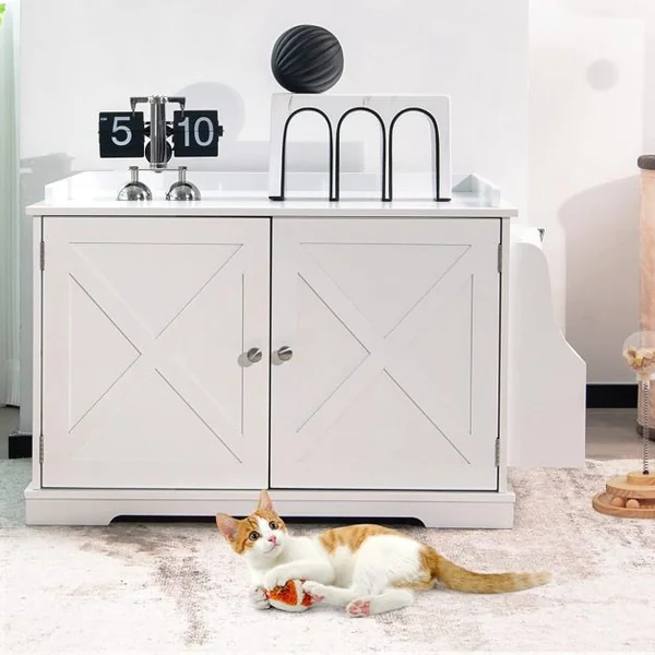 Meuble à Litière pour Chat avec Support de Rangement Grand Espace Caché pour Chat avec Séparateur Amovible Entrées Latérales