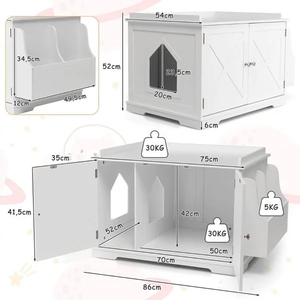 Meuble à Litière pour Chat avec Support de Rangement Grand Espace Caché pour Chat avec Séparateur Amovible Entrées Latérales