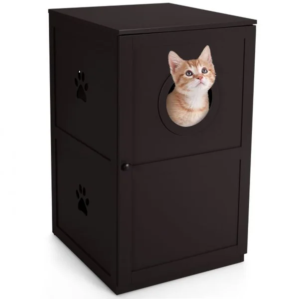 Meuble à Litière à 2 Niveaux 60 x 53 x 90 CM Maison de Toilette pour Chat avec Plusieurs Évents et Trou d'Entrée Café