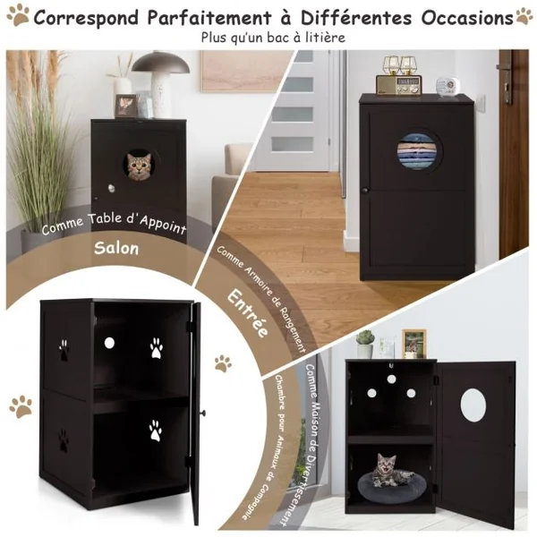 Meuble à Litière à 2 Niveaux 60 x 53 x 90 CM Maison de Toilette pour Chat avec Plusieurs Évents et Trou d'Entrée Café