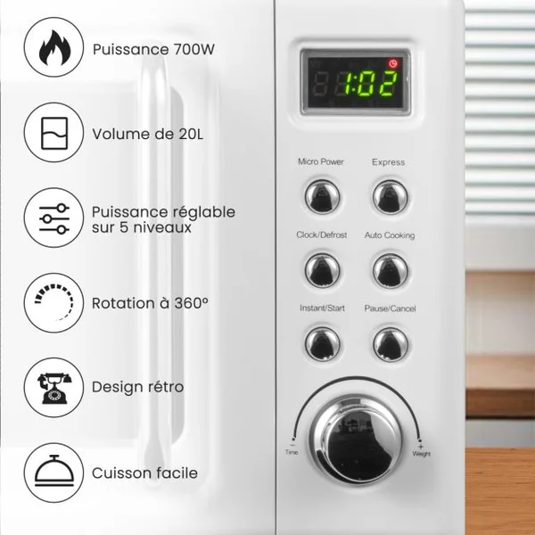 Micro-ondes 20 L 700 W Style Rétro 5 Niveaux 8 Menus LED Intelligent Minuterie 1H Dégivrage et de Cuisson Automatique Blanc