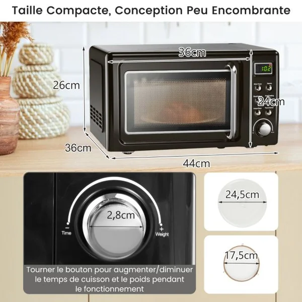 Micro-ondes 20 L 700 W Style Rétro 5 Niveaux 8 Menus LED Intelligent Minuterie 1H Dégivrage et de Cuisson Automatique Noir