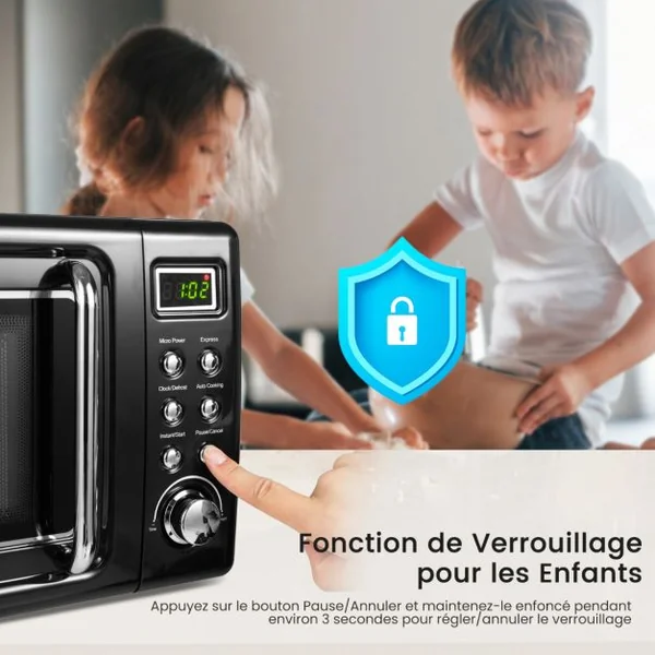 Micro-ondes 20 L 700 W Style Rétro 5 Niveaux 8 Menus LED Intelligent Minuterie 1H Dégivrage et de Cuisson Automatique Noir