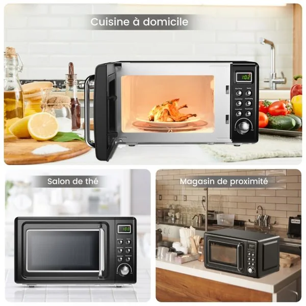 Micro-ondes 20 L 700 W Style Rétro 5 Niveaux 8 Menus LED Intelligent Minuterie 1H Dégivrage et de Cuisson Automatique Noir