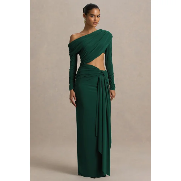 Mikayla | Robe longue vert foncé à encolure asymétrique avec jupe portefeuille avec découpes sur le corps et détails froncés