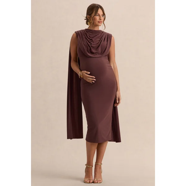 Milaine | Robe de maternité mi-longue marron foncé à encolure ronde et manches cape