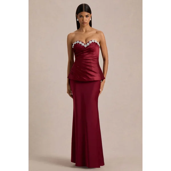 Milia | Robe Longue Bordeaux à Corset Sans Bretelles Ornée de Strass