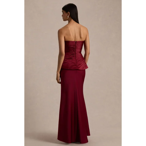 Milia | Robe Longue Bordeaux à Corset Sans Bretelles Ornée de Strass