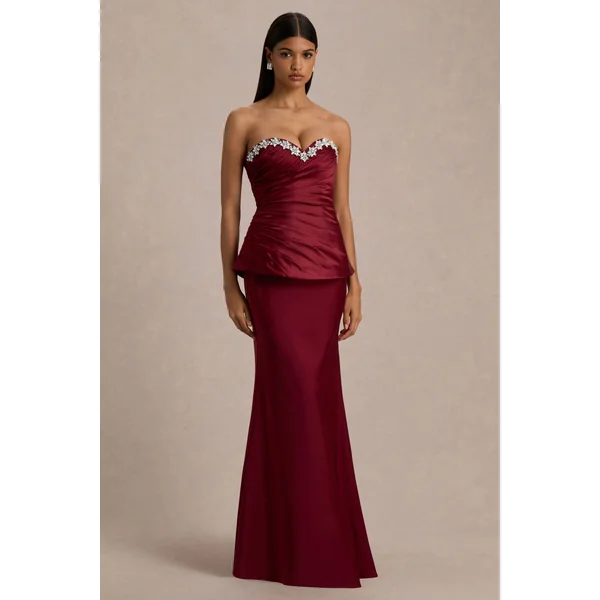 Milia | Robe Longue Bordeaux à Corset Sans Bretelles Ornée de Strass