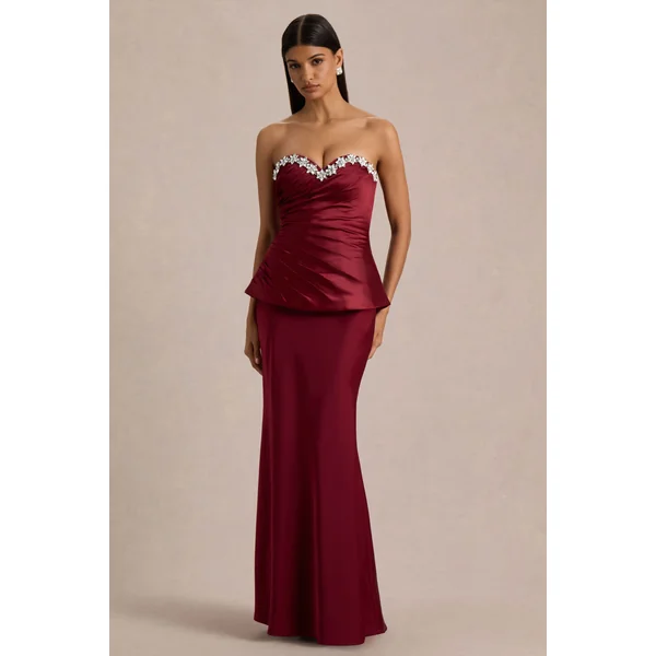 Milia | Robe Longue Bordeaux à Corset Sans Bretelles Ornée de Strass