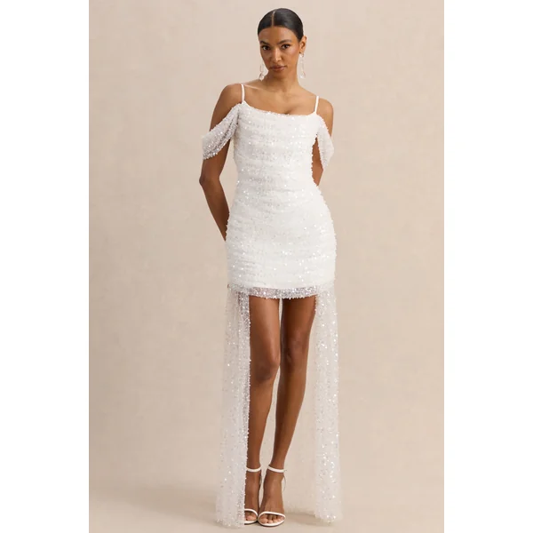 Millie | Mini-robe blanche en mesh à encolure Bardot avec détails drapés