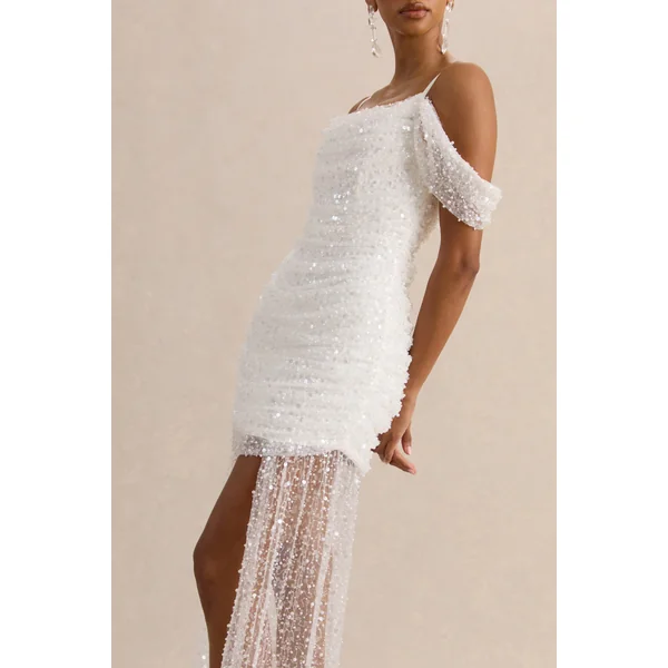 Millie | Mini-robe blanche en mesh à encolure Bardot avec détails drapés