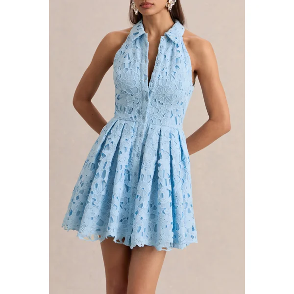 Milly | Mini-robe dos-nu en dentelle bleu poudré