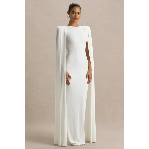 Mimi | Robe longue blanche à col haut et manches-capes