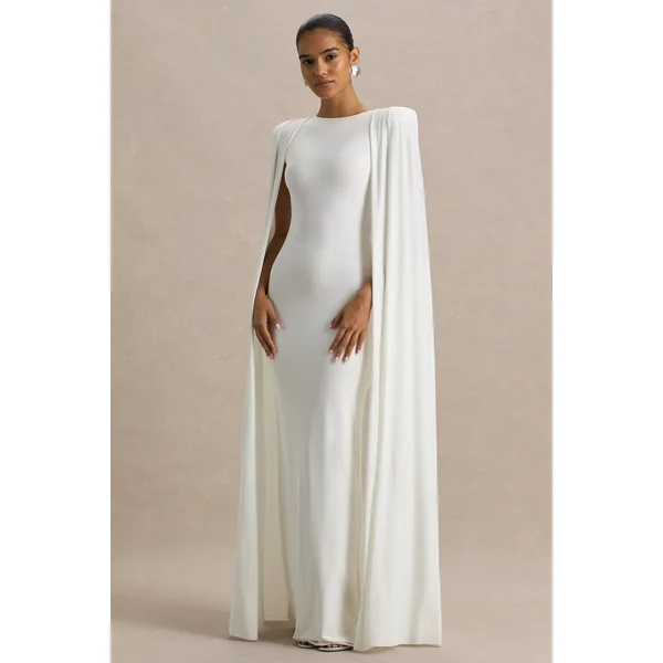 Mimi | Robe longue blanche à col haut et manches-capes
