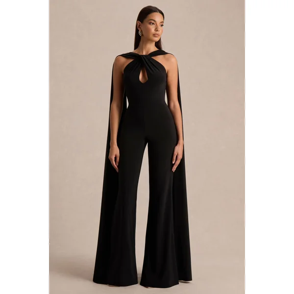 Mindy | Combinaison noire à col halter avec cape