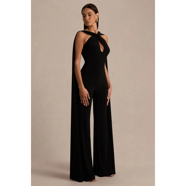 Mindy | Combinaison noire à col halter avec cape