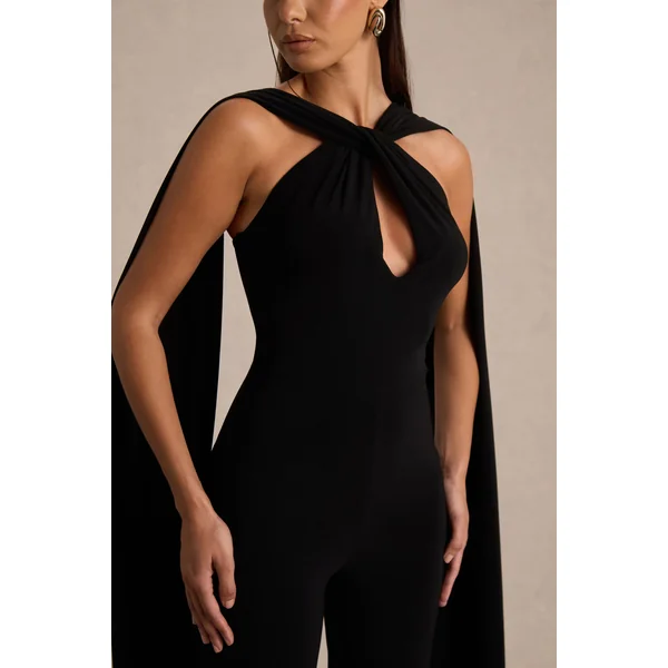 Mindy | Combinaison noire à col halter avec cape