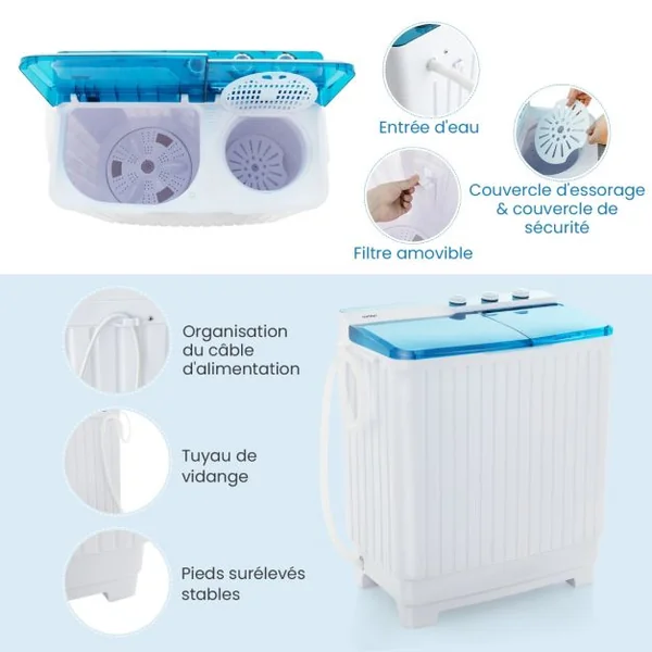 Mini Machine a Laver 2 en 1 Portable à Double Cuve Capacité 10,5 kg Lave-Linge avec Laveuse et Essoreuse Pompe de Vidange Blanc+Bleu
