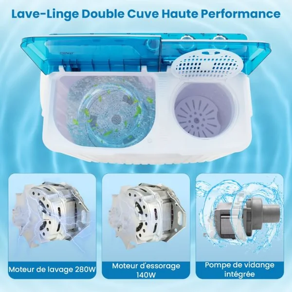 Mini Machine a Laver 2 en 1 Portable à Double Cuve Capacité 10,5 kg Lave-Linge avec Laveuse et Essoreuse Pompe de Vidange Blanc+Bleu