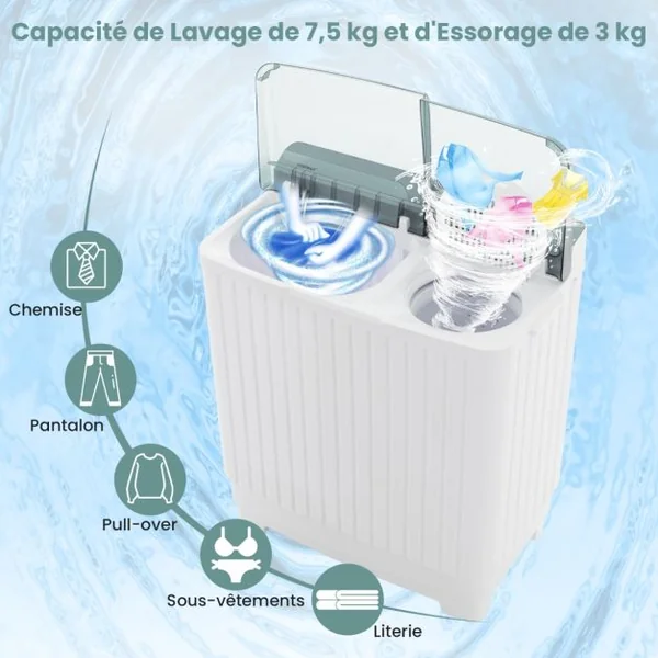 Mini Machine a Laver 2 en 1 Portable à Double Cuve Capacité 10,5 kg Lave-Linge avec Laveuse et Essoreuse Pompe de Vidange Blanc+Gris