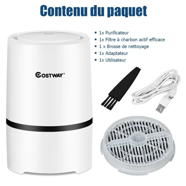 Mini Purificateur D'air Sur Table Fonction d’Ion Négatif Filtre Hepa Interface Usb 2 Vitesses 125x125x195cm Blanc