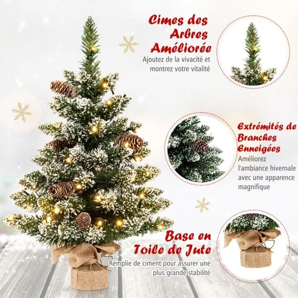 Mini Sapin de Noël 64 cm 50 Lumières LED 75 Pointes de Branches 8 Pommes de Pin 8 Modes d'Éclairage Neige Réaliste