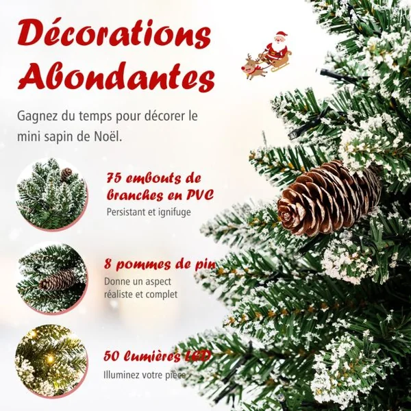 Mini Sapin de Noël 64 cm 50 Lumières LED 75 Pointes de Branches 8 Pommes de Pin 8 Modes d'Éclairage Neige Réaliste