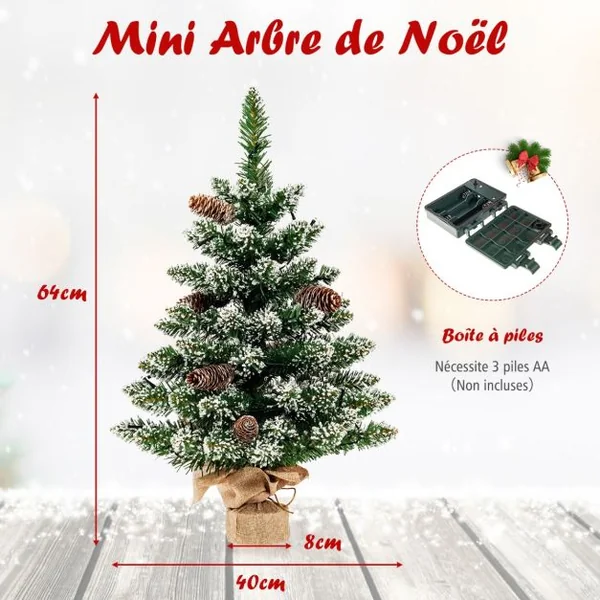 Mini Sapin de Noël 64 cm 50 Lumières LED 75 Pointes de Branches 8 Pommes de Pin 8 Modes d'Éclairage Neige Réaliste