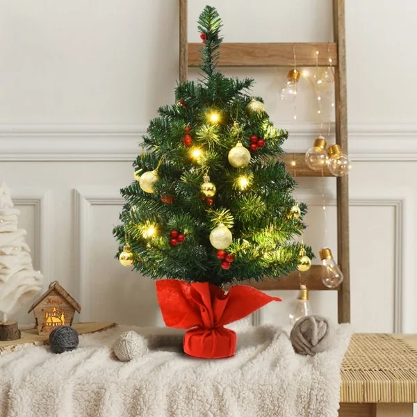Mini Sapin de Noël Artificiel de Table H60CM 15 Lumières LED avec 73 Branches en PVC Ornements Dorés Baies Rouges à Piles