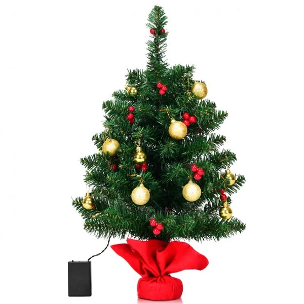 Mini Sapin de Noël Artificiel de Table H60CM 15 Lumières LED avec 73 Branches en PVC Ornements Dorés Baies Rouges à Piles