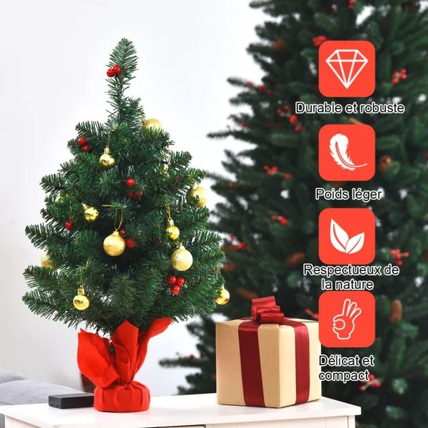Mini Sapin de Noël Artificiel de Table H60CM 15 Lumières LED avec 73 Branches en PVC Ornements Dorés Baies Rouges à Piles