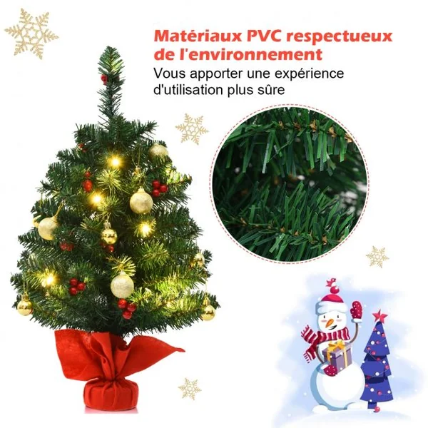 Mini Sapin de Noël Artificiel de Table H60CM 15 Lumières LED avec 73 Branches en PVC Ornements Dorés Baies Rouges à Piles