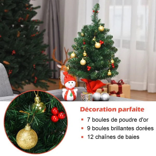 Mini Sapin de Noël Artificiel de Table H60CM 15 Lumières LED avec 73 Branches en PVC Ornements Dorés Baies Rouges à Piles