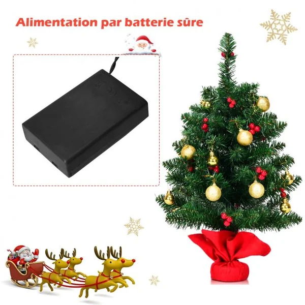 Mini Sapin de Noël Artificiel de Table H60CM 15 Lumières LED avec 73 Branches en PVC Ornements Dorés Baies Rouges à Piles